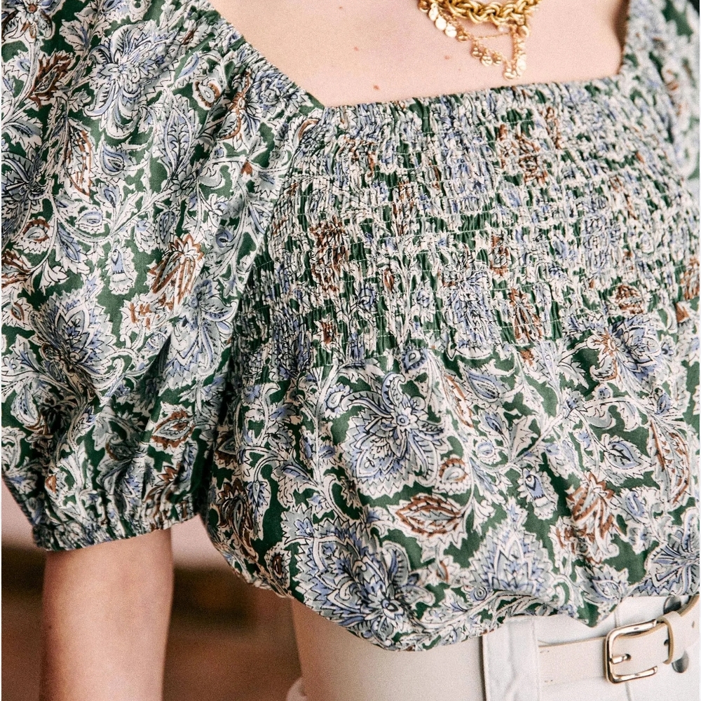 Sezane Luma Green Floral Smocked Blouse